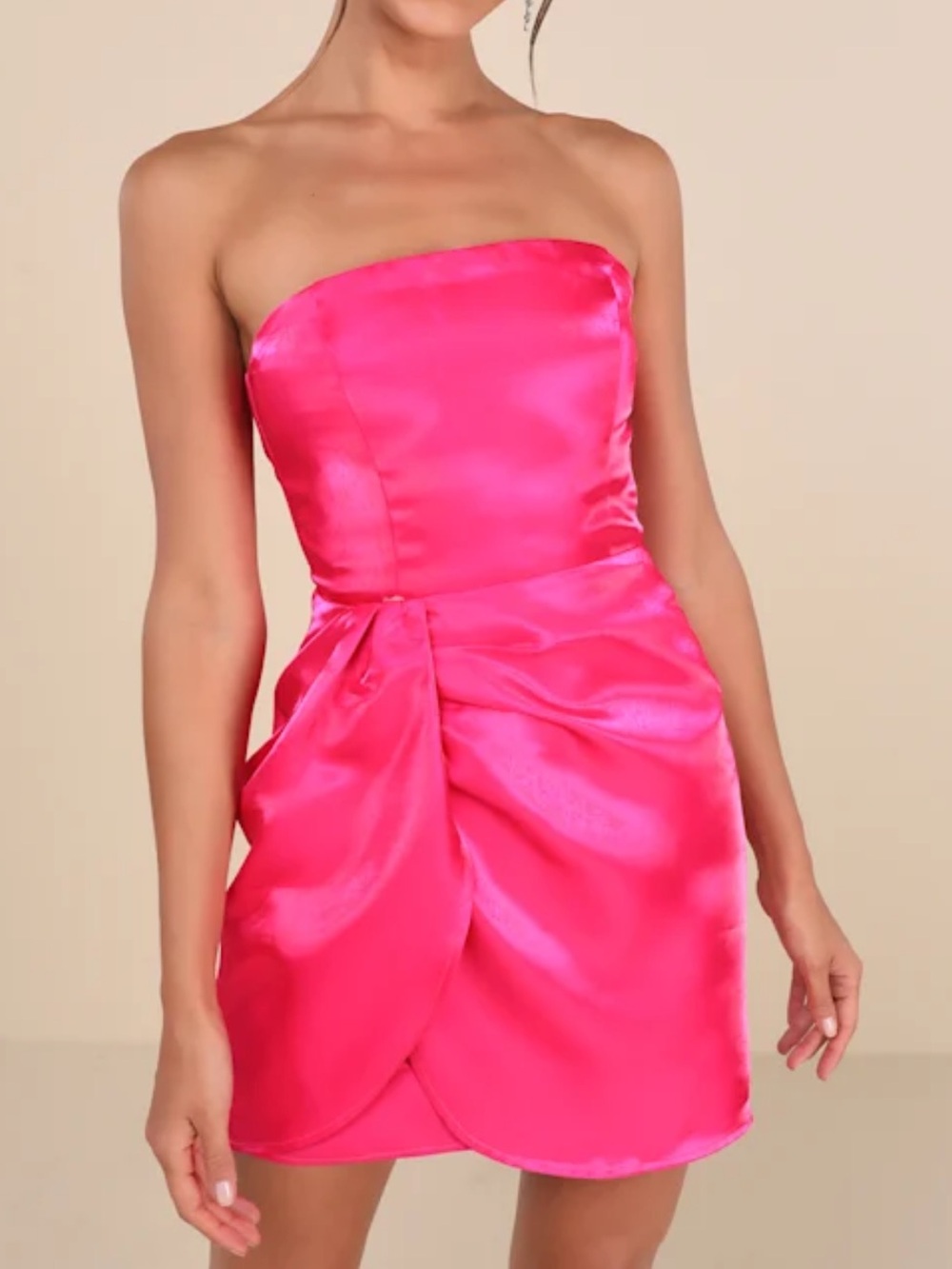 Lulus Shiny Hot Pink Strapless Tulip Mini Dress